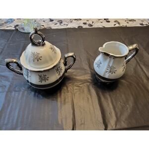 Vintage White Sugar And Creamer Set With Silver Floral Design